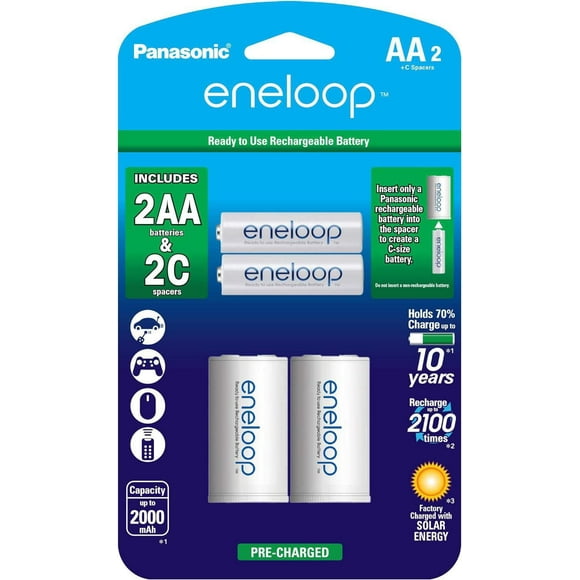 Panasonic Eneloop AA NEW 2100 Cycle, Ni-MH Pre-Charged Rechargeable Batteries, 2 Pack with 2 "C" Spacers