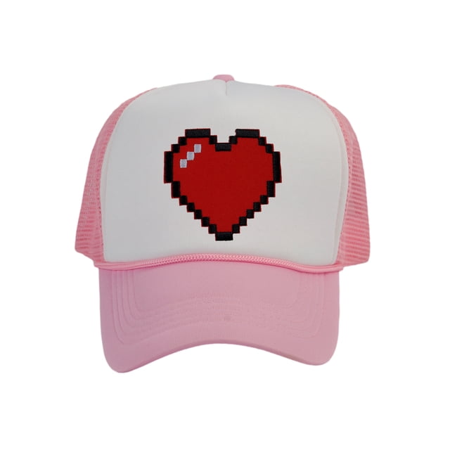 Men's 80's Retro Large 8 Bit Pixelated Heart Gamer Trucker Hat, White/Light Pink