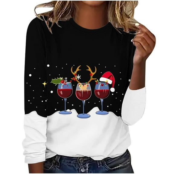 Christmas Sweatshirts for Women Funny Wine Glass Print Long Sleeve T-Shirt Loose Fit Casual Holiday Party Top Fall Winter Clothes