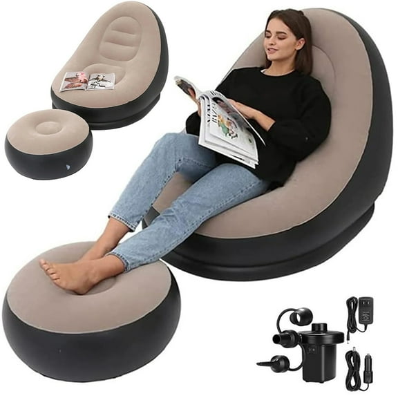 LASIEYO Inflatable Deck Chair with Air Pump, Foldable Lounge Chair for Bedroom and Living Room, Indoor Lazy Sofa Bed with Footstool for Office, Travel, Camping Sleeping