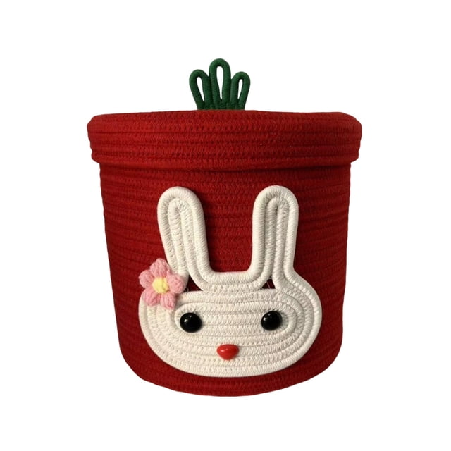 Lksixu Easter Bunny Basket with Lid, Cute Rabbit Design Woven Cotton Rope Storage Basket, Reusable Empty Easter Egg Hunting Bucket Large Capacity Candy Snack Toys Container for Party Favor