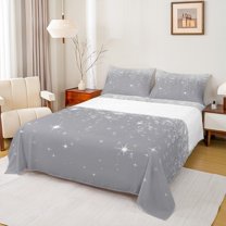 Feelyou Grey Mystic Galaxy Bed Sheets, Fashion Sequin Print King Sheets, Bling Cartoon Stars Sheet Set, Microfiber Bedroom Decor, 4pcs