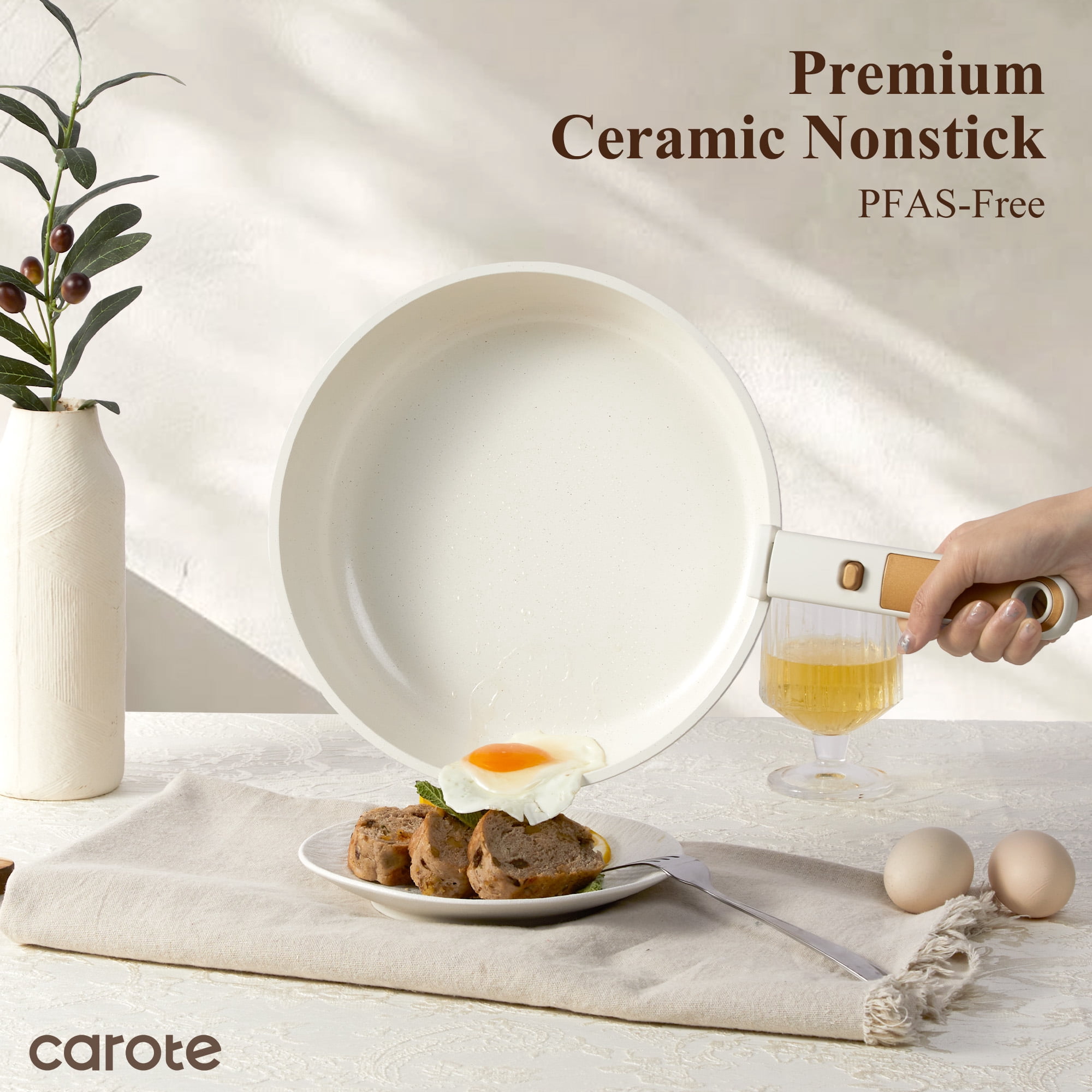 Carote Ceramic Nonstick Detachable Frying Pans Set, 3 Pieces Non Toxic Cookware Set with Induction, Oven/Dishwasher Safe, Easy for Storage, Cream White