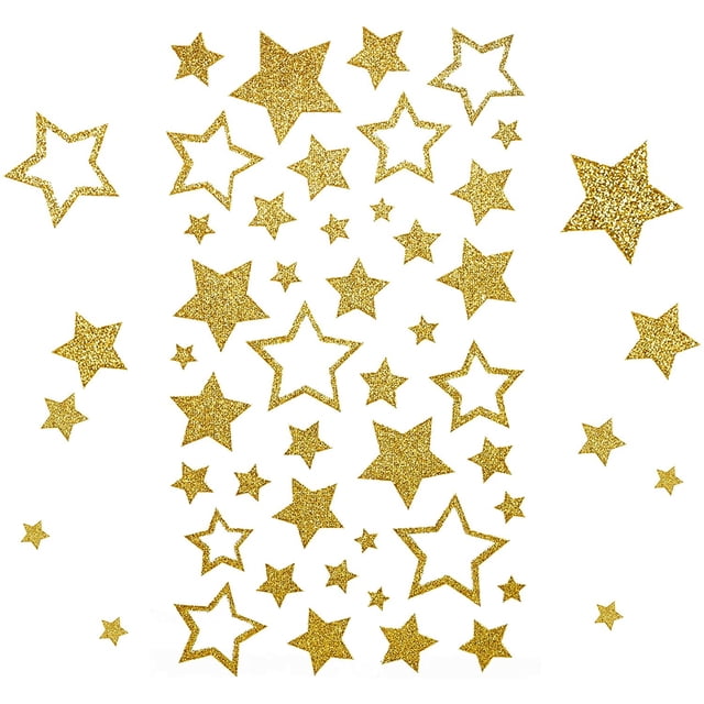 Woeilo 5 Sheets Glitter Gold Star Stickers, Self-Adhesive Assorted Star Labels for Handicrafts Christmas Decoration, Classroom Teacher Supplies