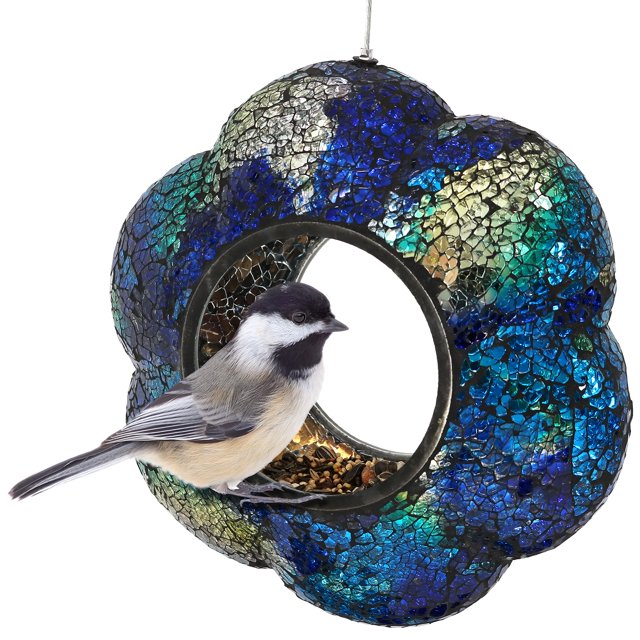 Comedero para aves Sunnydaze Decor de vidrio mosaico índigo de 25 cm