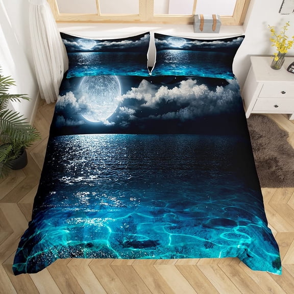 Deep Ocean Duvet Cover Seawater Bright Moon At Sea Starry Night Sky Galaxy Summer Hawaiian Holiday C