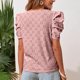thumbnail image 4 of Whataatahia Mujeres Cuello Redondo Top Mangas Cortas Puff Hueco Jacquard Color Puro Ajuste Suelto Verano Camiseta Rosa S, 4 of 7