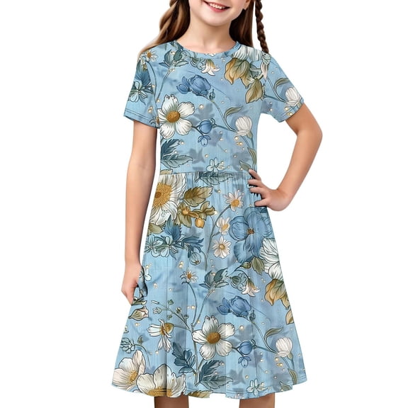 IFNWSV Dresses for Girls Short Sleeve Round Neck Floral Print Patchwork Pleated A Line Summer Dress Multicolor 4 Years
