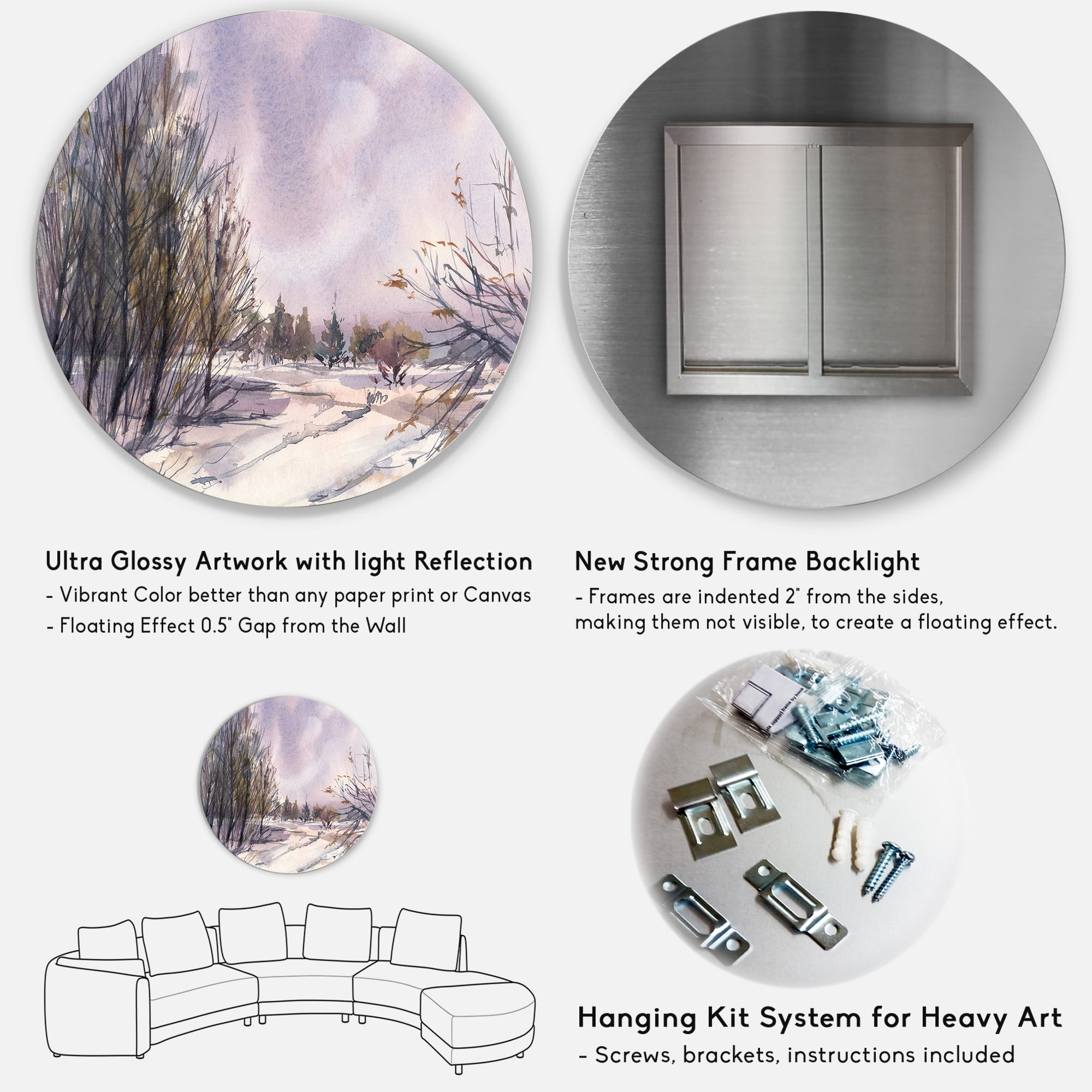 Designart 'Purple Snowy Tones With Winter Landscape' Traditional Circle Metal Wall Art 11x11 - Disc of 11