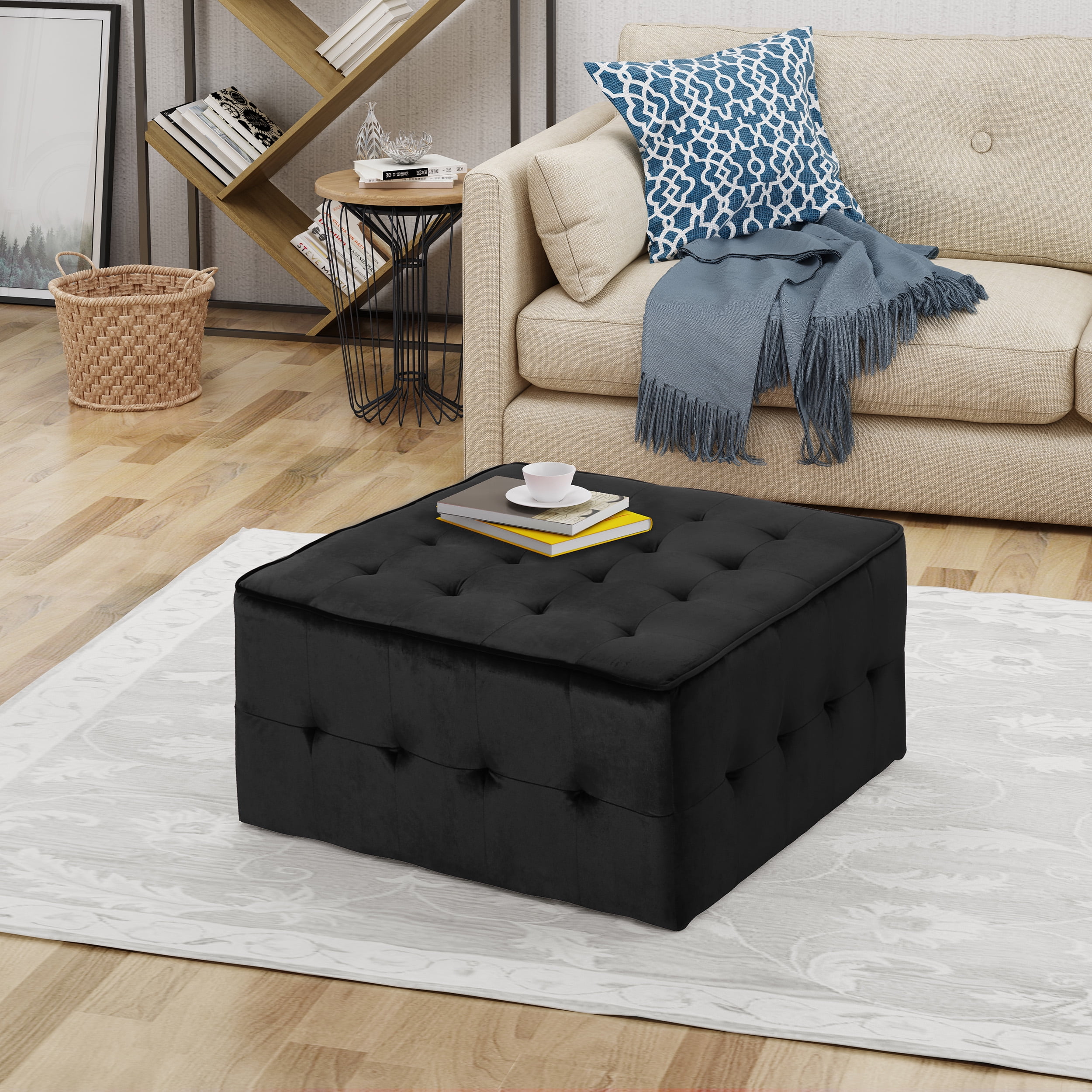 Noble House Jerry Glam Tufted Velvet Ottoman, Black