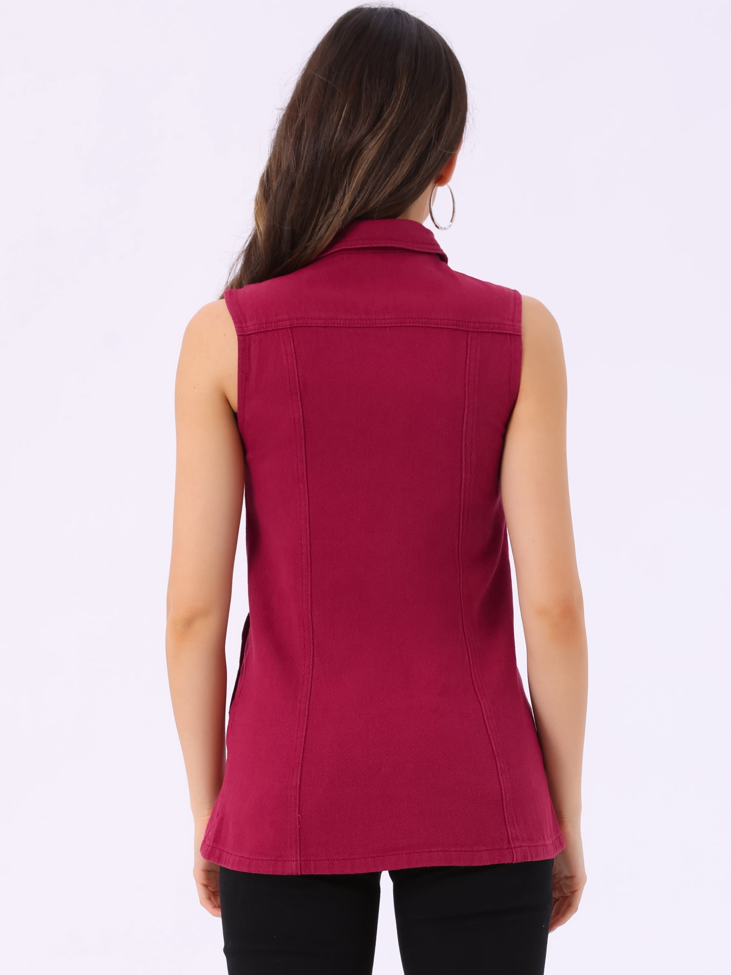 DARING DIVA Women's Button Down Sleeveless Pockets Mid-Long Denim Vest S Dark Red