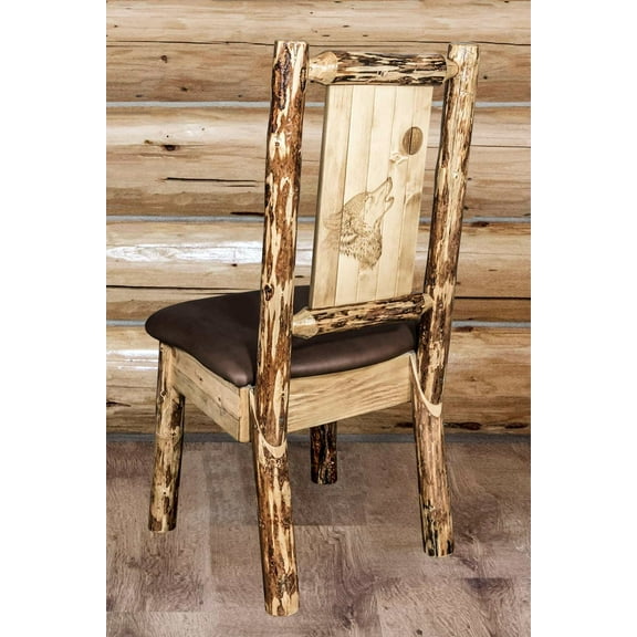 Glacier Country Collection Side Chair - Saddle Upholstery, w/ Laser Engraved Wolf Design