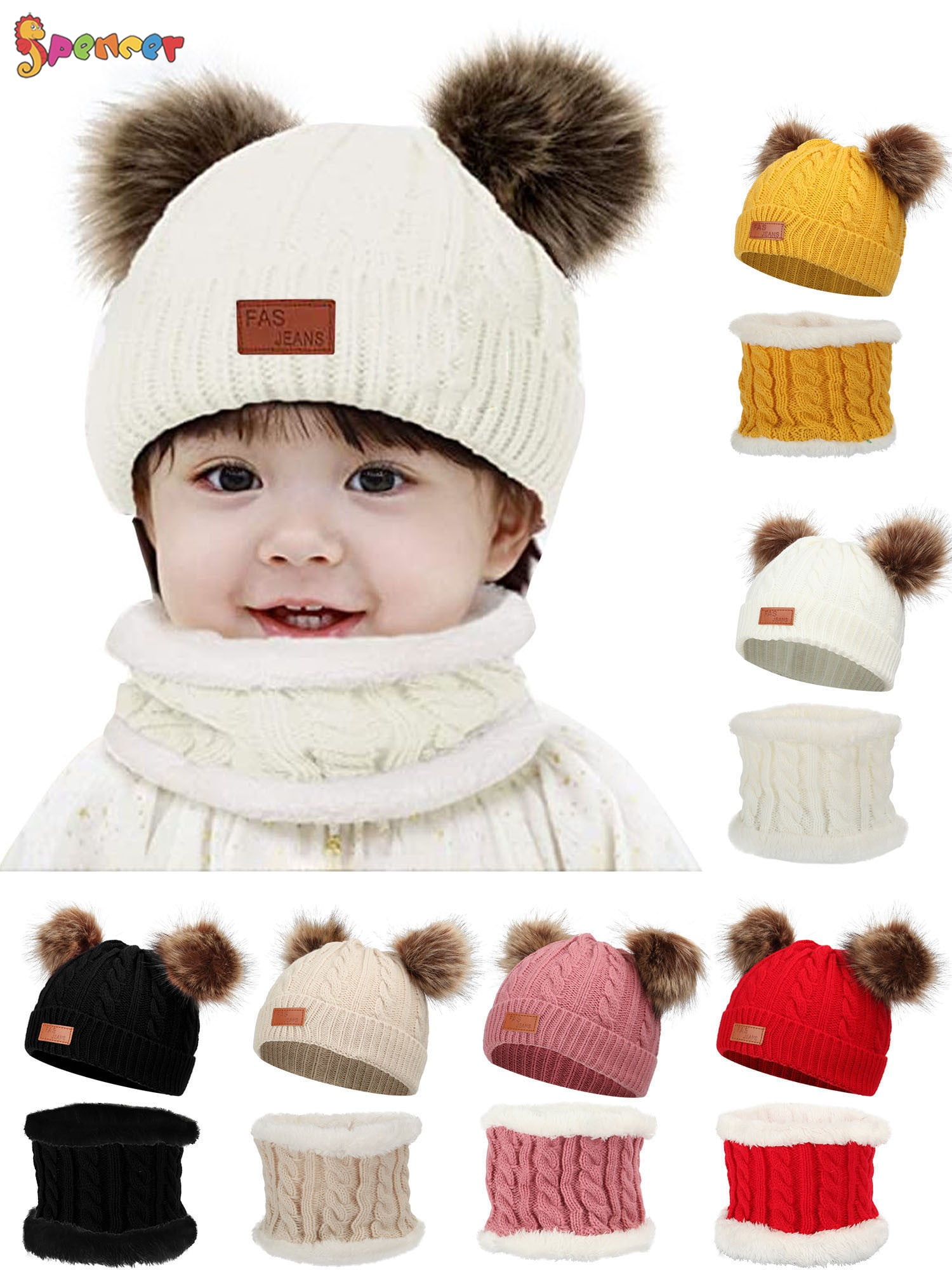 Kids Pom Pom Beanie Boys Girls Faux Fur Ball Warm Lined Knit Winter Hat Set 