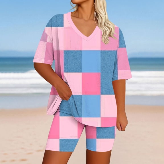 Tracksuit for Women Plus Size Women’s Color Block 2‑piece Loungewear Set Oversized T-Shirt Tops & Stretchy Biker Shorts, Summer Casual Home Wear Outfit 3XL