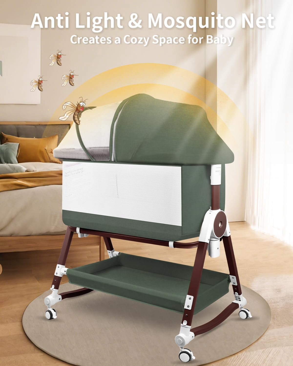 4 in 1 Baby Bassinet Bedside Sleeper W/ Wheels,Storage Basket,Adjustable 7 Heights,Mosquito Net,Breathable Mesh Cradle for Infants Toddler,Green