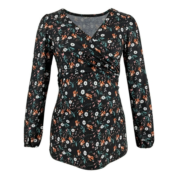 Odeerbi Maternity Ladies Shirts Blouses Breastfeeding Trendy Flowers Leaf Print 2025 Long Sleeve Clothe Top Orange