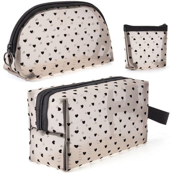3Pcs Makeup Bag Cosmetic Bag Set, Portable Large Capacity Mesh Toiletry Bag For Travel, Fashion Zipper Pouch Cute Heart Small Makeup Bags For Women And Girls
