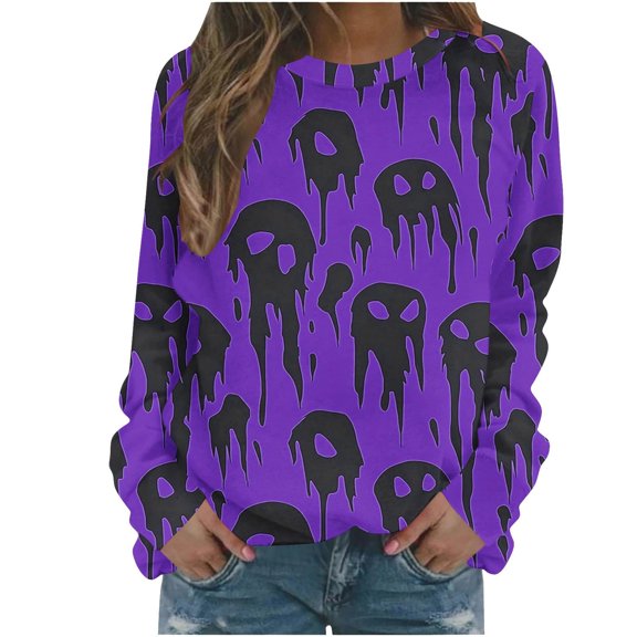 Yuhangmm Halloween Sweatshirts for Women Stylish Round Neck Printed Casual T Shirt Comfortable Wear with Jeans and Sneakers Soft Dark Purple XXL