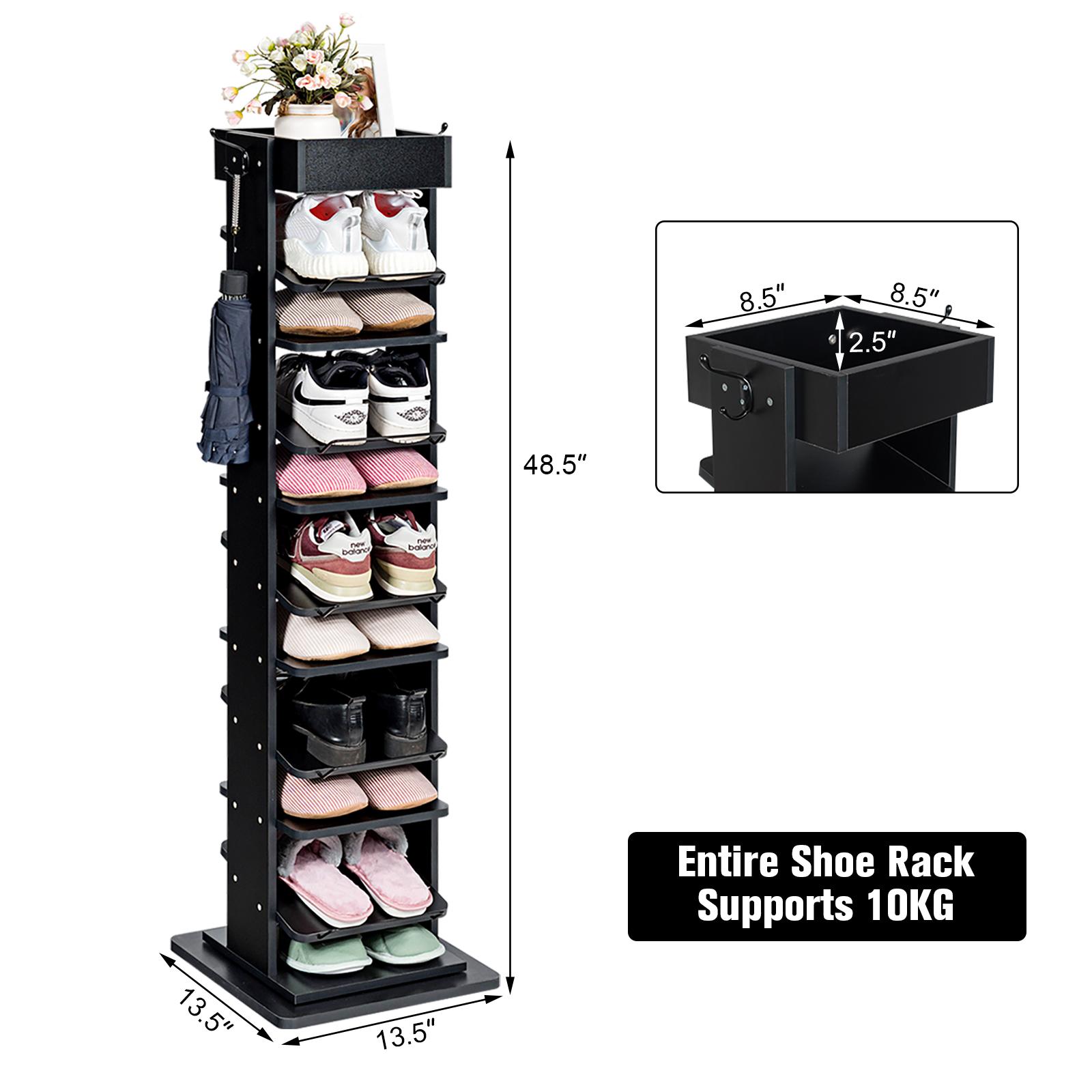 Giantex 360° Free Rotating 10-Tier Shoe Rack, Vertical Wood Shoe Storage  Shelves w/Hooks & Extra Top Storage, Free Standing Perfect for Narrow  Closet, Entryway (Black) 