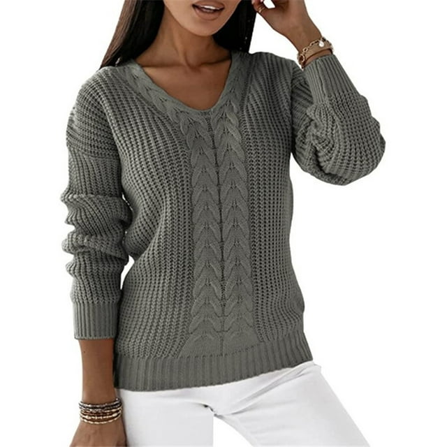 LUXUR Chandails Tricotés Épais pour Femmes Tricot Chic Chandail Gris TG