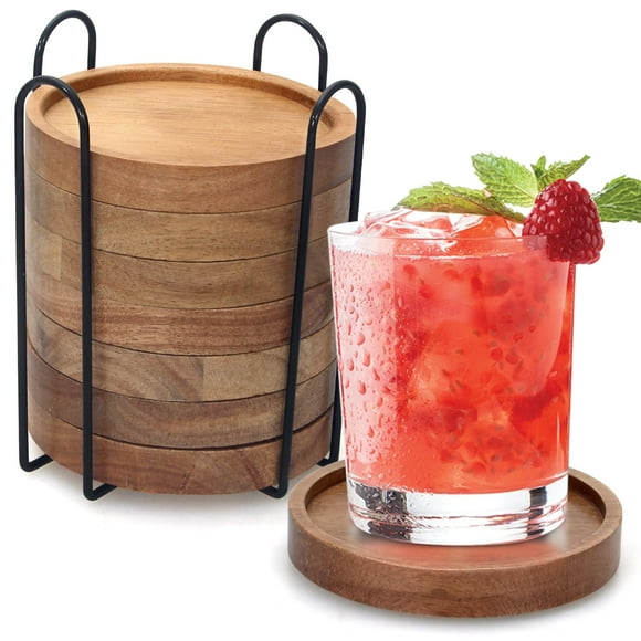 Set de posavasos Renawe de madera rústica de acacia con soporte x8