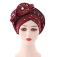 thumbnail image 2 of Visland Solid Color Pre-Tied Cross Wrap Turban Beanie Flower Decor Rhinestone Headscarf Cap Hair Accessories, 2 of 8