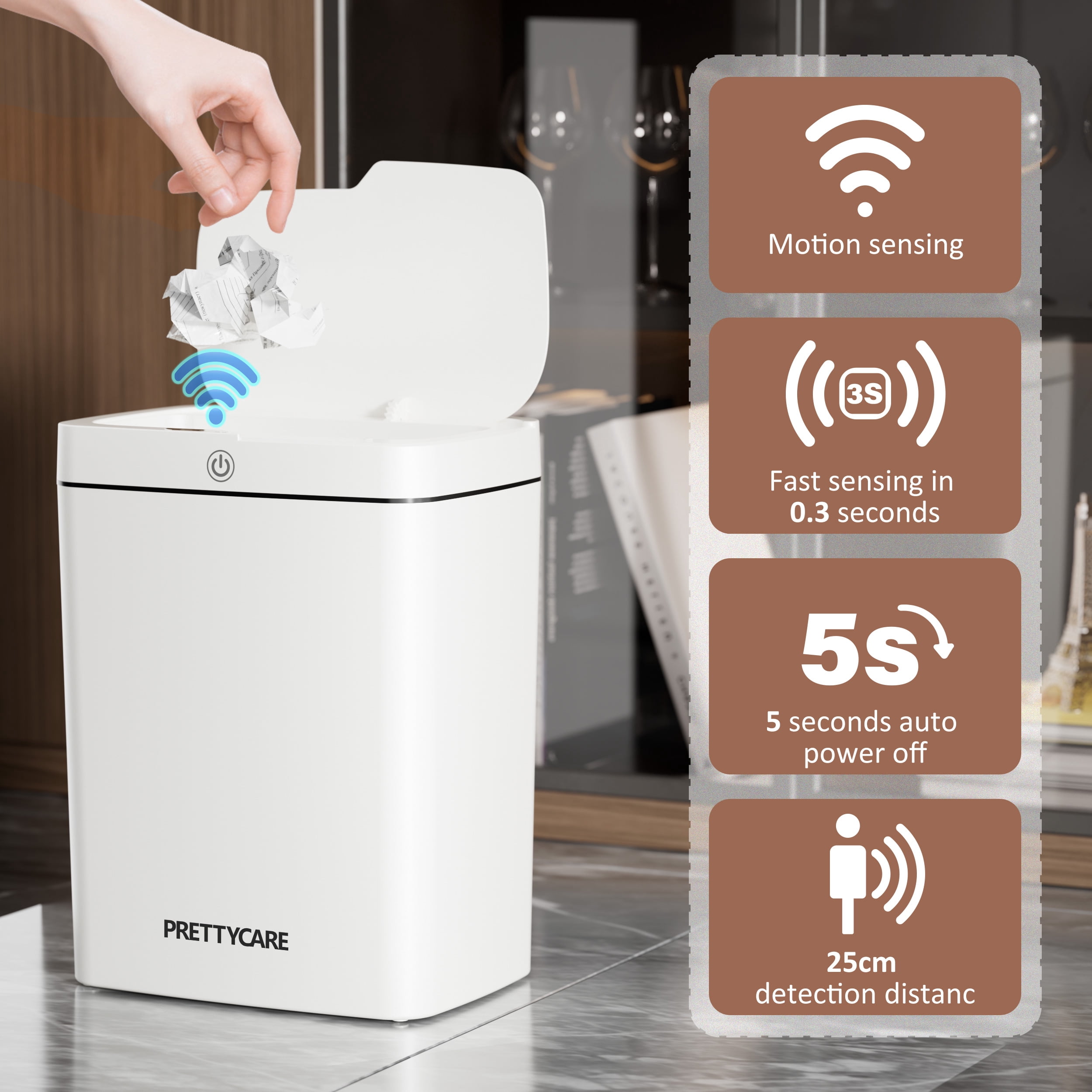 PrettyCare 2 Packs Trash Cans, 4.6 Gal Automatic With Lid Touchless Small Plastic Garbage Can, for Kitchen,Living Room,Bedroom, Bathroom, White, GW01