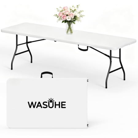 WASUHE 8 Foot Folding Table, Fold in Half Heavy Duty Long Large Utility Table with Carry Handle, Perfect for Party, Dining, Wedding, Events, Camping, White
