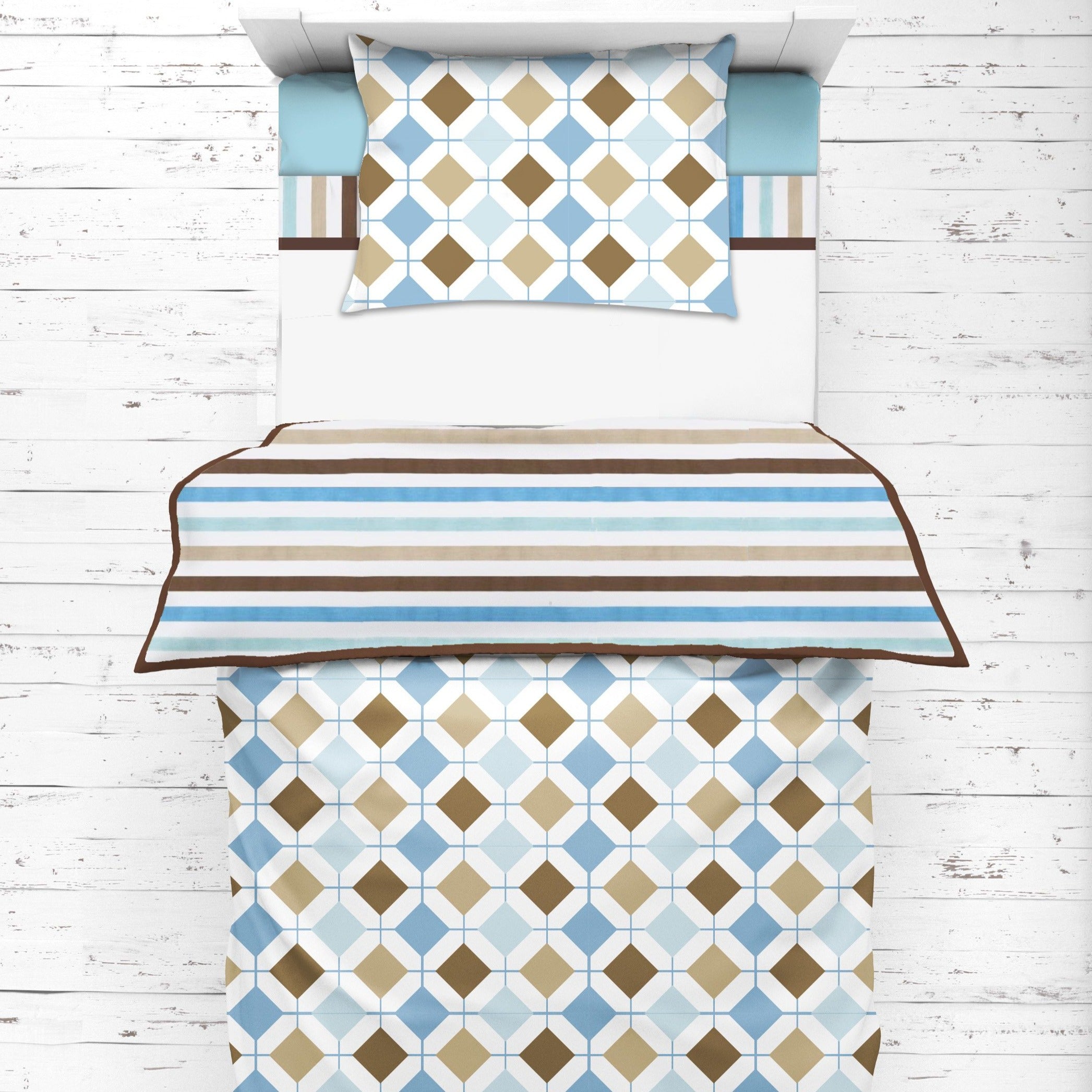 Bacati - Boys 4 pc Toddler Bedding/3 pc Sheet Set 100% Cotton Percale, Mod Diamonds Stripes, Aqua/Teal/Beige/Brown