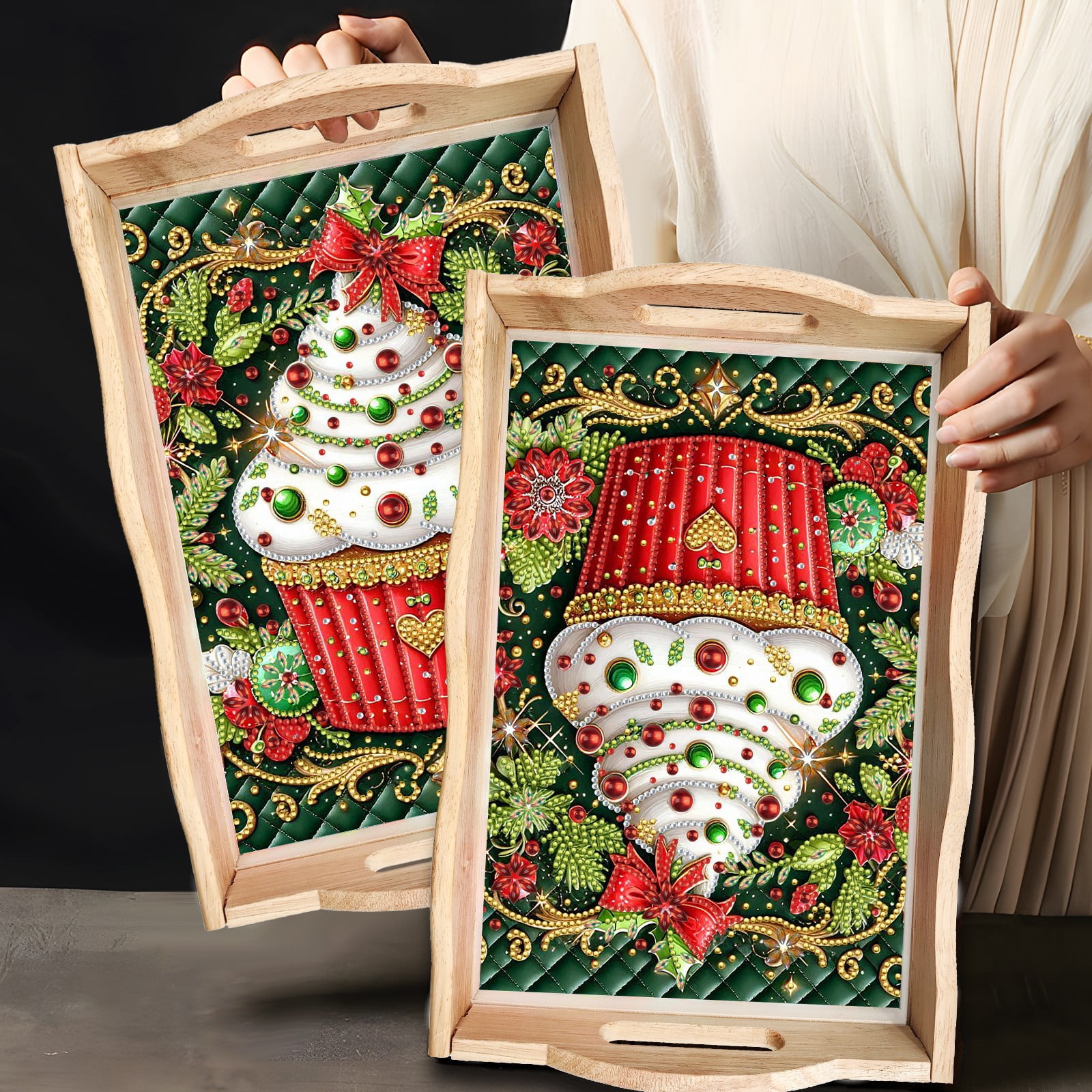 FLOPESN DIY Diamond Art Painting Handmade Wooden Tray,Creative Design Serving Dinner Plate for Coffee Living Room Home Organizer-Christmas Cupcakes