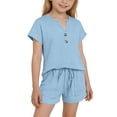 thumbnail image 2 of OGLCCG 2 Piece Outfits for Girls Summer Short Sleeve V Neck Henley Tops and Shorts Set Matching Vacation Beach Lounge Sets 4-14 Years, 2 of 4