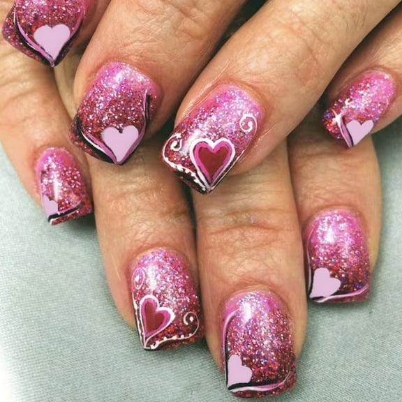 24 Pieces Short Square Valentine's Day Press on Nails Love Heart Glitters False Nails for Women Manicure Nai Decors