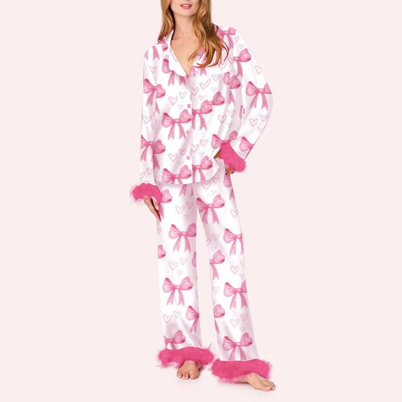Women's 2 Piece Pajama Set Lapel V Neck Button Down Shirts Elastic Waist Pants Casual Comfy Bow Print Lounge Wear (XL, Pink-C)