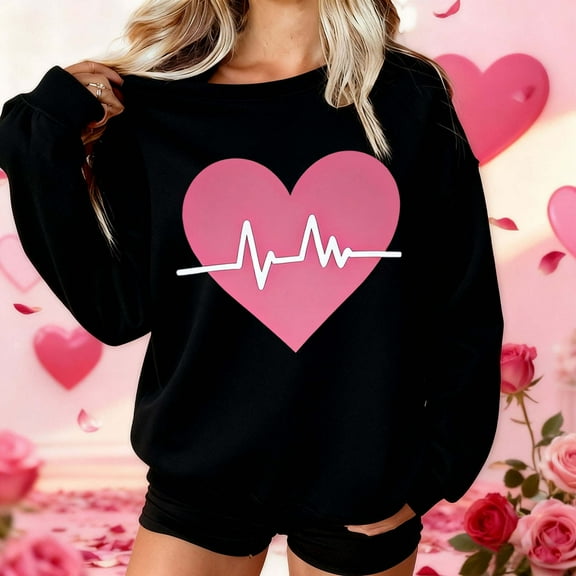 Wowcloth Woman's Crewneck Sweatshirt, Long Sleeve with Valentine Print, Soft Cotton Blend for Casual and Everyday Wear