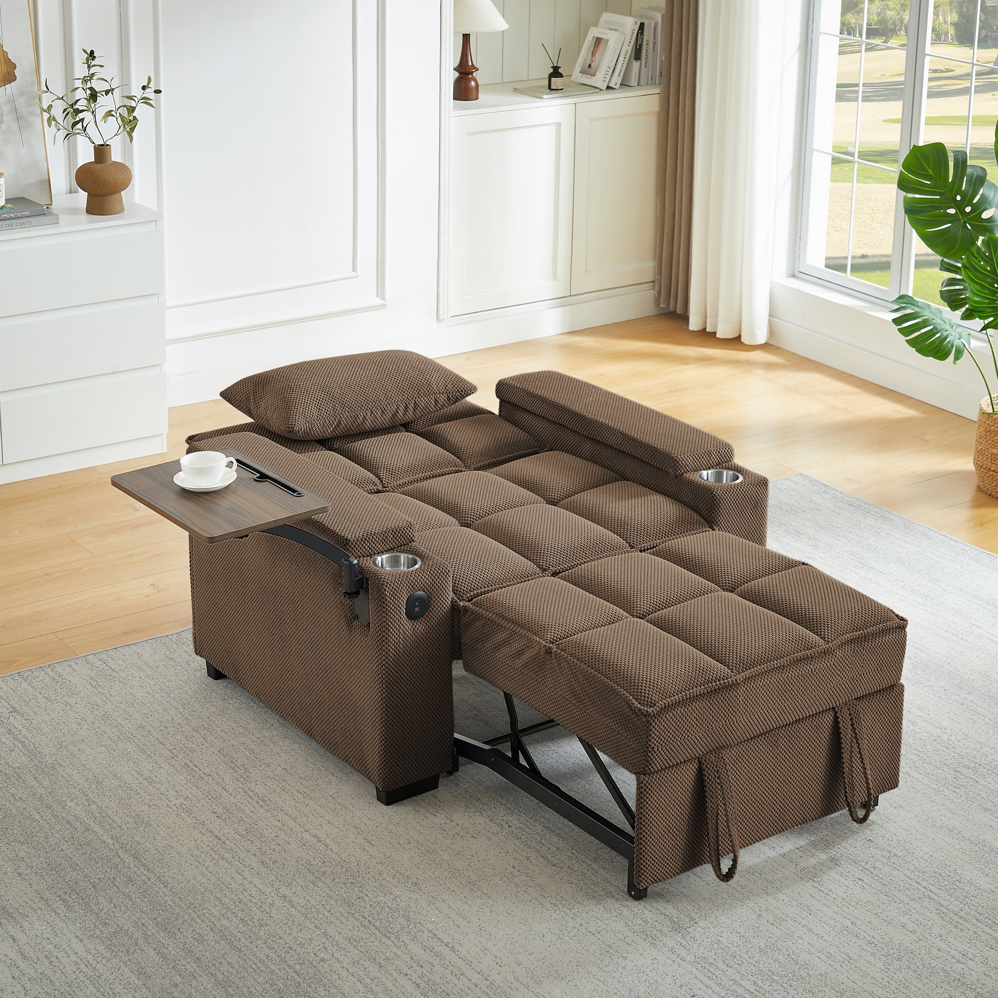 Gewnee 3-in-1 Convertible Sleeper Chair with Adjustable Backrest,Pull-Out Single Sofa Bed with Swivel Side Table & USB Ports & Cup Holder,Perfect for Dorms,Offices.Coffee
