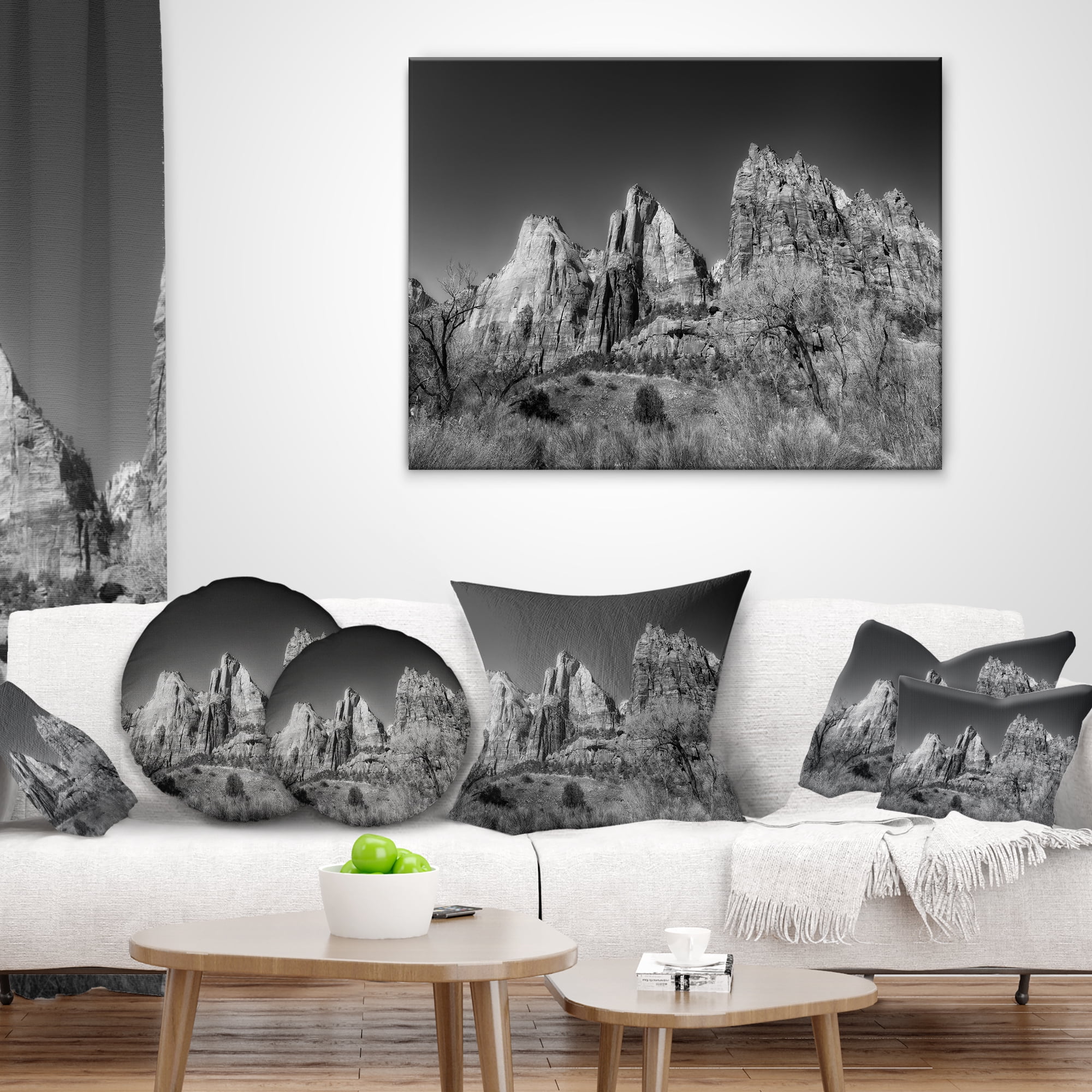 Designart Rising Red Rocks Black and White - Landscape Printed Throw Pillow - 18x18