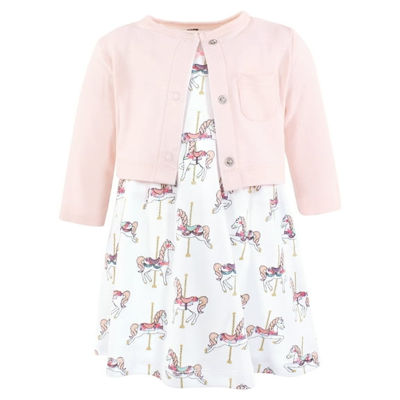 Hudson Baby Infant and Toddler Girls Cotton Dress and Cardigan Set, Carousel Horse, 0-3 Months