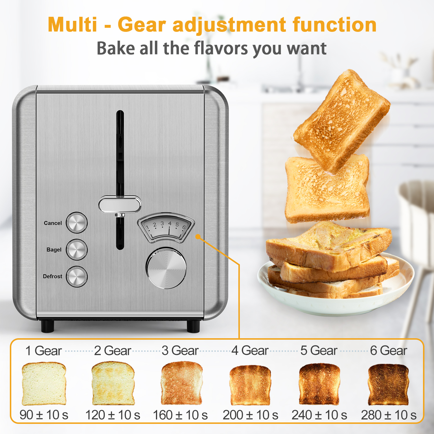 WHALL 2-Slice Stainless Steel Toaster with Wide Slot, Silver photo 4