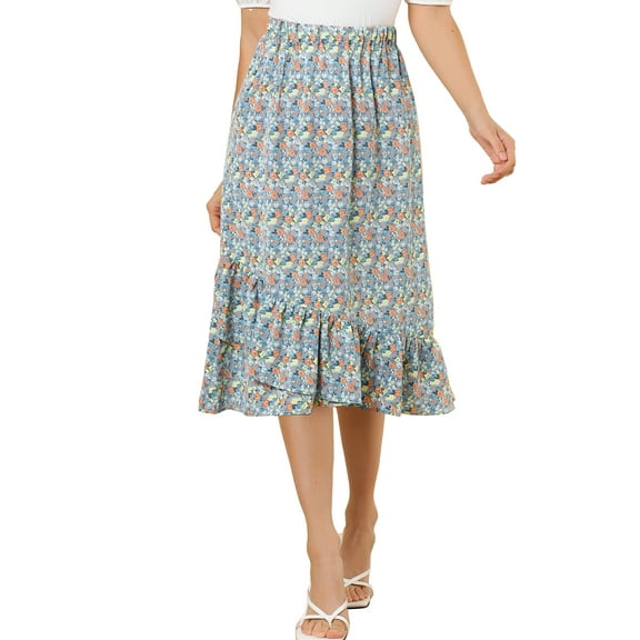 Allegra K Women's Floral Elastic Waist Ruffle High Low Hem Skirts