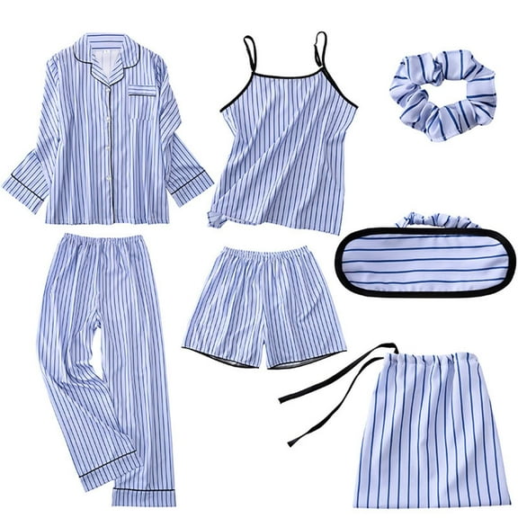 EHQJNJ Womens Button Down Pajama Sets Imitation Cotton Striped Silk Seven Piece Pajamas Women Four Seasons Can Be Worn Outside the Home Clothing Suit Pajamas Women Pants Cute Christmas Pajamas