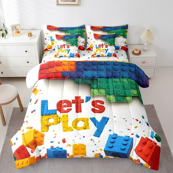 Manfei Multicolor Building Block Bed in a Bag Twin Size,Boys Games Bed Set,Colorful Ombre Bedding Twin Size For Boy,Breathable Room Decoration Reversible,7 Pieces