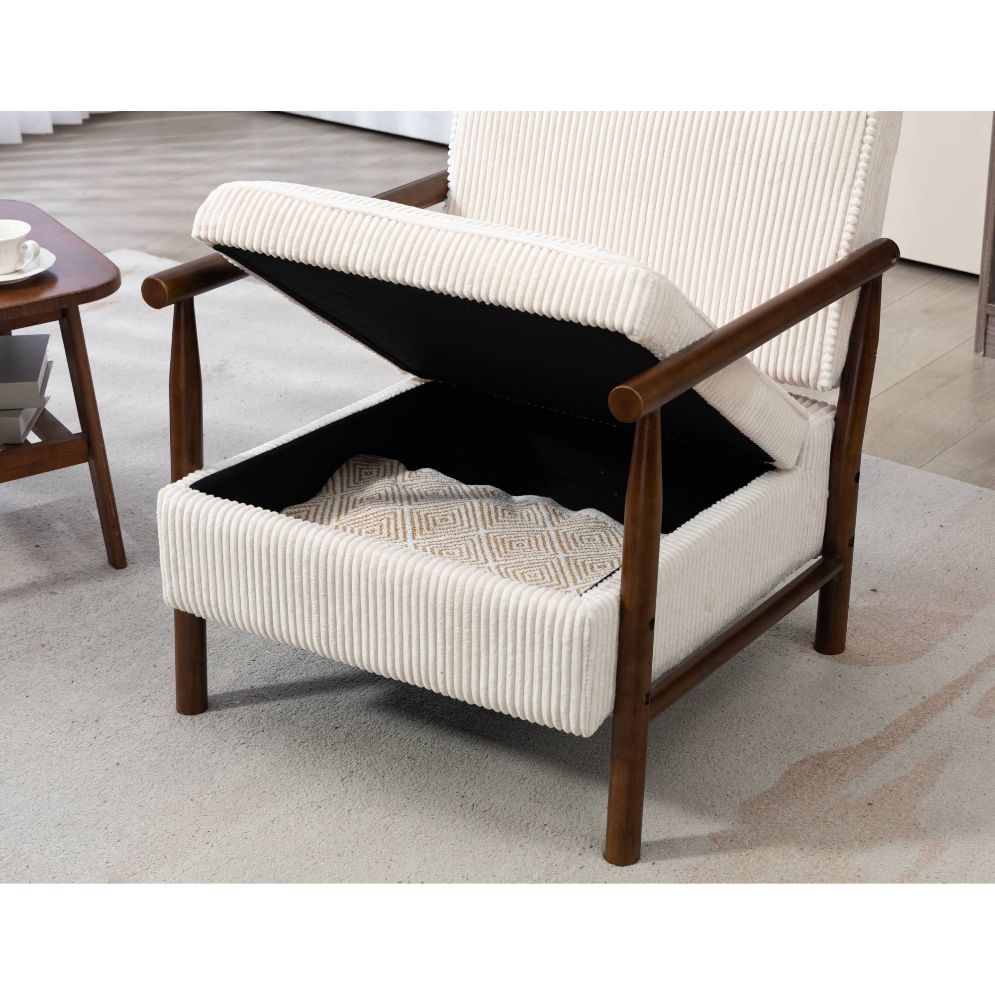 Mid-Century Accent Chair with Wood Frame, Modern Comfy Reading Armchair with Lumbar Pillow for Living Room, White