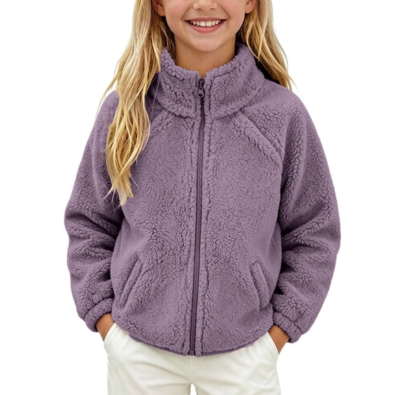 CYRBOKO Girls Fleece Jackets, Zip Up Long Sleeve Thermal Stand Collar Winter Outerwear Purple Size 7-8 T