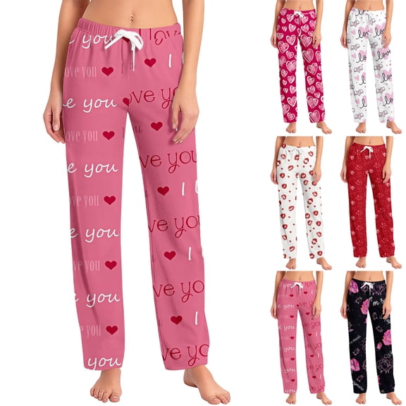 Valentine's Day Print Pants for Women Casual Love Heart Lounge Pants Loose Fit Fashion Winter Drawstring Elastic Waist Pajama 2026 Pink S