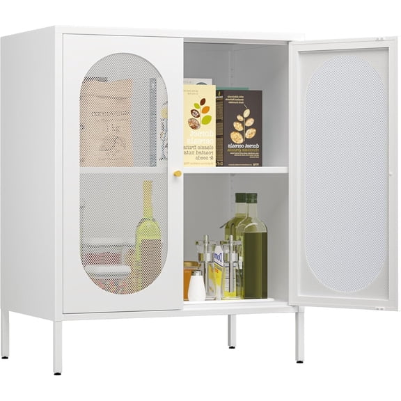 EKACO 2-Door Metal Accent Cabinet with Adjustable Shelf, White Mesh Door Storage Sideboard for Living Room, Entryway, Kitchen, Office