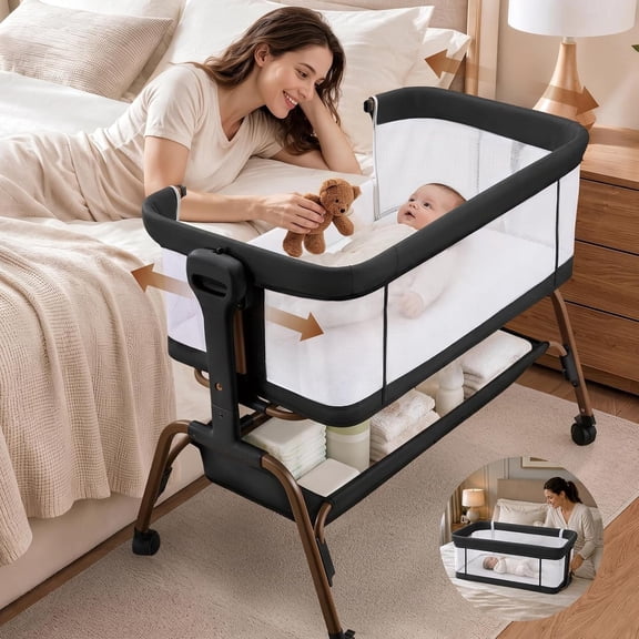 suihuooo 4-in-1 Baby Bassinet Bedside Sleeper with Rocking Mode 8 Adjustable Heights Storage Basket and Wheels,Black