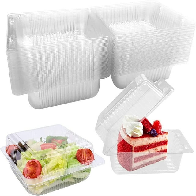SUTENGDA Disposable Plastic To Go Containers with Lids Hinged Top Square Clamshell Food Boxes for Take Out Home Party Togo Clam Shell Box to Carry Cake Dessert 4.9 in x 5 in - 100 Cou