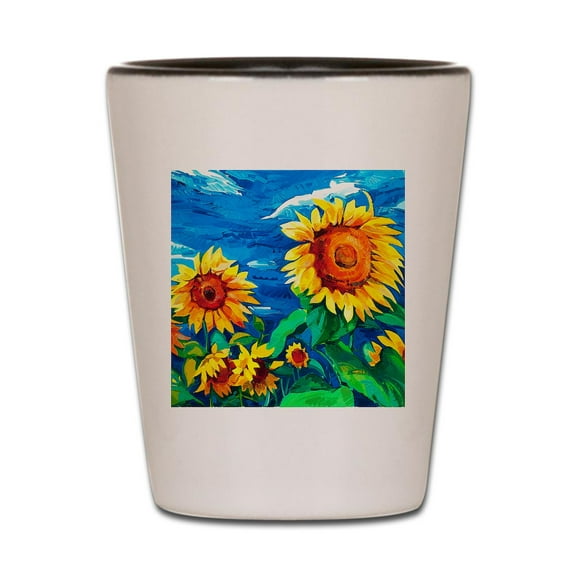 CafePress - Sunflowers Painting - White/Black Shot Glass, Unique and Funny Shot Glass
