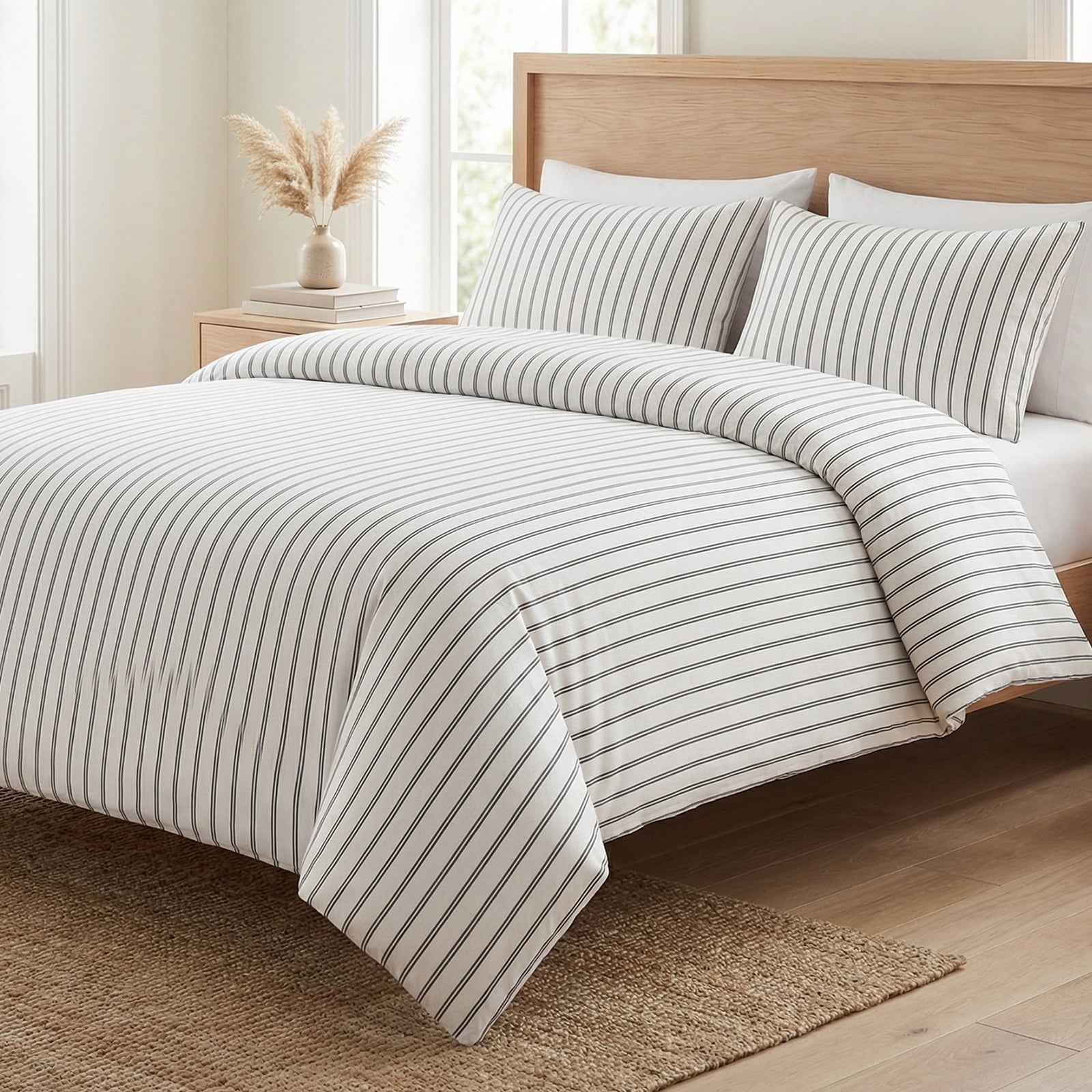 King Size Duvet Cover Set 100% Cotton Sateen 300TC- Black & White Striped Bedding Set, Luxury Silky Soft Striped Duvet Cover 3 Pcs, Hotel Style Room Decor,Zipper & Corner Ties