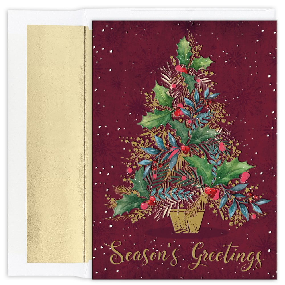 JAM Christmas Cards & Matching Envelopes Set , Gold And Burgundy Tree